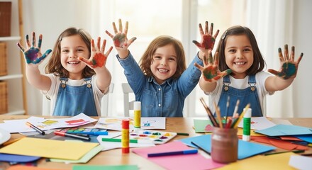 Fototapeta premium Three smiling young girls joyfully display their painted hands while sitting at a table covered with art supplies, including paper, paint, and brushes.