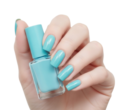 Hand holding light blue nail polish bottle, displaying well-manicured nails with a vibrant color, transparent background, cutout PNG