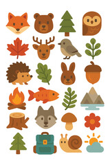 Colorful collection of cartoon forest animals, trees, leaves, and camping-related nature icons in a playful, kid-friendly style.
