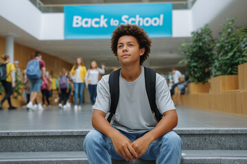 Pensive Student with Backpack Sits on Steps at School Back to School Banner in Background