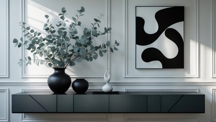 Aesthetic interior decor with a black vase holding eucalyptus branches, a smaller black vase, and a white ornamental object on a dark sideboard against a classic wall with a black and white abstrac...