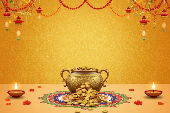 Traditional Dhanteras festival pot with gold coins and oil lamps, Hindu Diwali celebration and wealth prosperity concept, Indian cultural festival photography
