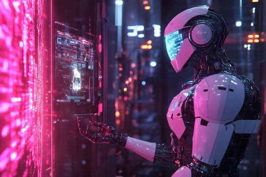 A conceptual futuristic factory where robots use holographic data to guide their movements, assembling glowing tech products with laser precision.