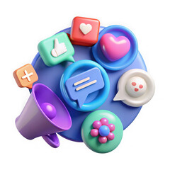 Obraz premium Social media icons and megaphone isolated on transparent background