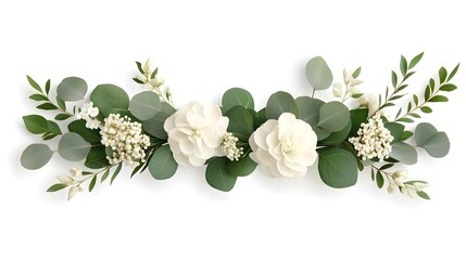 Fototapeta premium A symmetrical and balanced floral arrangement featuring lush eucalyptus leaves and delicate white flowers creating a serene and natural looking centerpiece