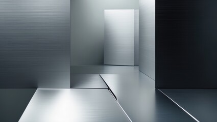 A modern minimalist interior with metallic surfaces, sleek lines, and geometric design elements.