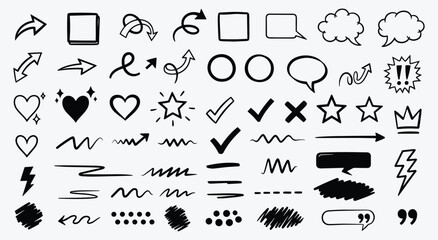 Extensive set of hand drawn vector doodle icons. Black outline arrows, stars, hearts, speech bubbles, and various symbols for UI, web, and graphic design projects.