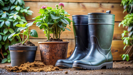 Flowers and garden tools, pots and can