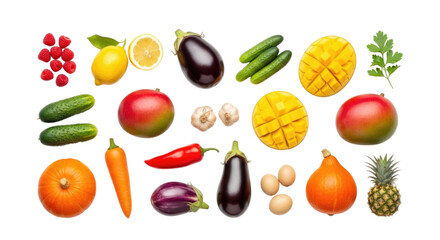 Vibrant collection of fresh fruits and vegetables on a bright surface with transparent background, cutout PNG