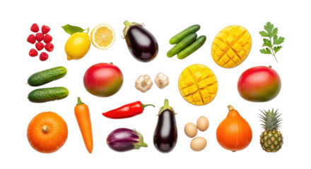 Vibrant collection of fresh fruits and vegetables on a bright surface with transparent background, cutout PNG