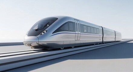 Sleek, modern silver high-speed train traveling on elevated tracks against a clear sky.