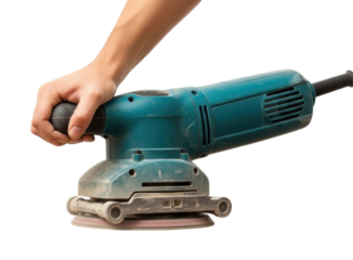 Hand holding a power sander ready for smooth finishing work on wood projects transparent background, cutout PNG