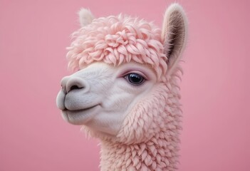 Obraz premium Pink alpaca with soft curly fur, smiling calmly on blush pink background, portrait close-up, whimsical and dreamy.