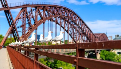 Fototapeta premium A row of seagulls perched on a metal bridge railing under a partly cloudy sky