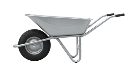 Metal wheelbarrow with black tire and gray handles on transparent background, cutout PNG