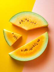 Juicy yellow watermelon slices arranged in a minimalist summer fruit concept.