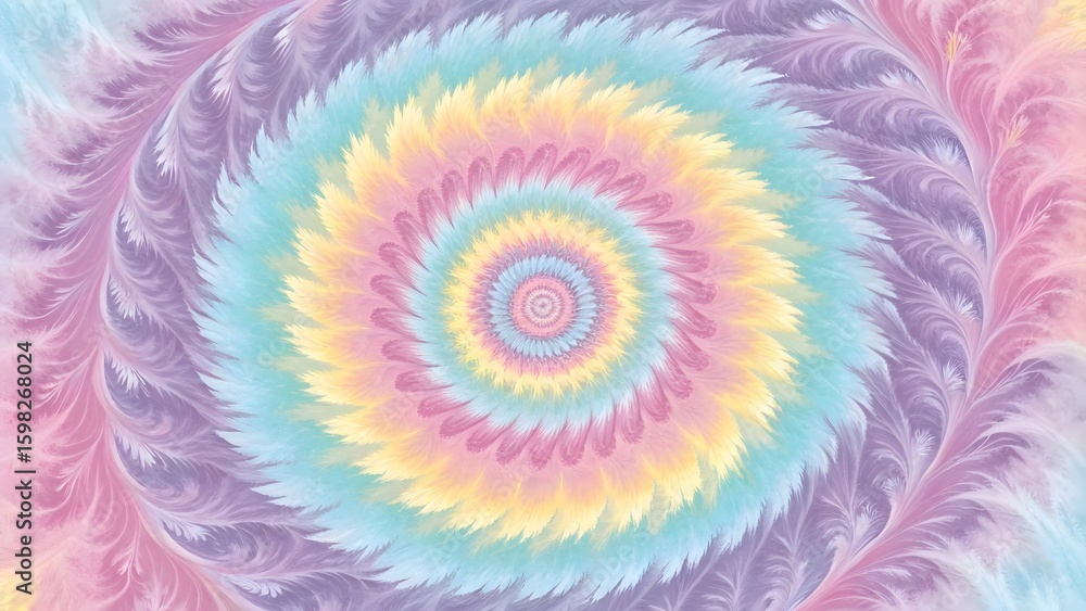 Poster a pastel colored spiral pattern with feather like textures in a swirling design creating a hypnotic 