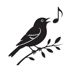 Fototapeta premium Black Silhouette of a Singing Bird on a Branch with Musical Note
