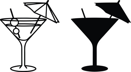 Cocktail Icons. Black and White Vector Icons. Cocktail Glass, Olives, and Umbrella. Festive Drink. Brazilian Carnival Concept
