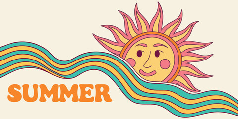 Retro groovy Summer vector graphic. Stylized sun with wavy lines and bold text. Vintage illustration for seasonal banner, beach holiday, vacation, social media, and print design projects.
