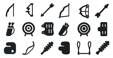 Archery silhouette icons set – solid, filled, bow and arrow symbols for sports