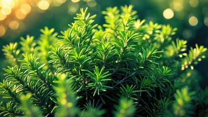 Lush green pine tree with vibrant foliage, sunlight filtering through, and a blurred background of nature. Nature, greenery, and sunlight. The concept of plants and natural environment