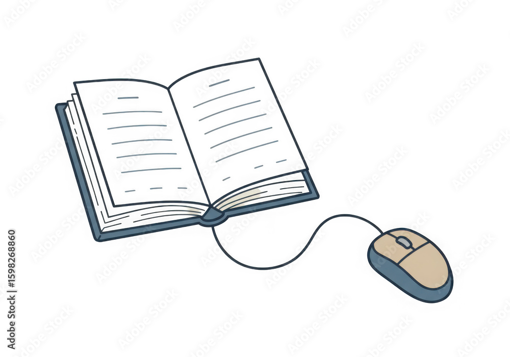 Poster An open book is connected to a computer mouse symbolizing online learning and