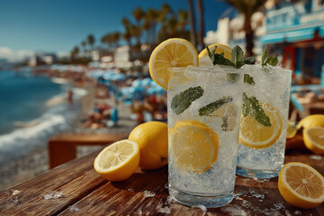 Verre de limonade fraîche avec citron et menthe en bord de mer