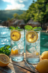 Verre de limonade fraîche avec citron et menthe en bord de mer