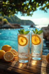 Verre de limonade fraîche avec citron et menthe en bord de mer