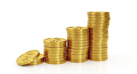 Stacks of golden coins rise in height showing financial growth or wealth