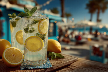 Verre de limonade fraîche avec citron et menthe en bord de mer