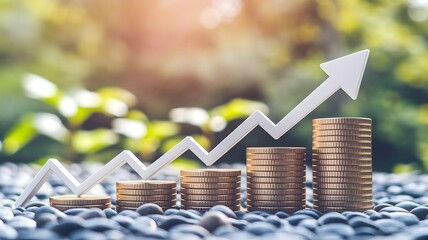Financial Growth Trajectory: A close-up captures the dynamic intersection of economic elements. A stack of coins provides the foundational building blocks for a financial growth arrow.