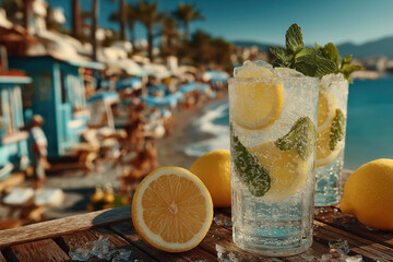 Verre de limonade fraîche avec citron et menthe en bord de mer