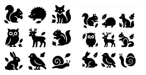 Woodland animals silhouette icons set &ndash; flat, solid, forest and wildlife symbols
