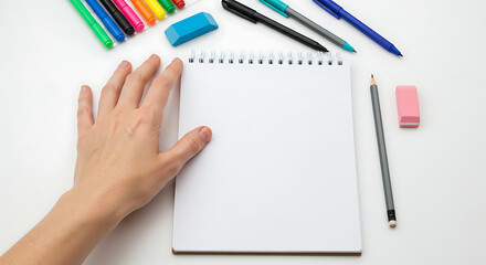 A hand reaching into frame to grab a clean spiral-bound notebook from a white surface, surrounded by everyday school writing tools