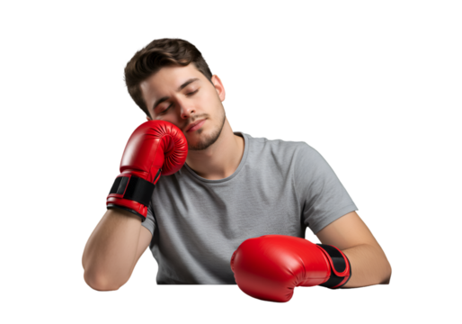 Tired Boxer Sleeping on Red Boxing Gloves