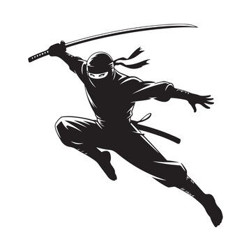 Silhouette of a ninja warrior jumping with katana sword in action pose