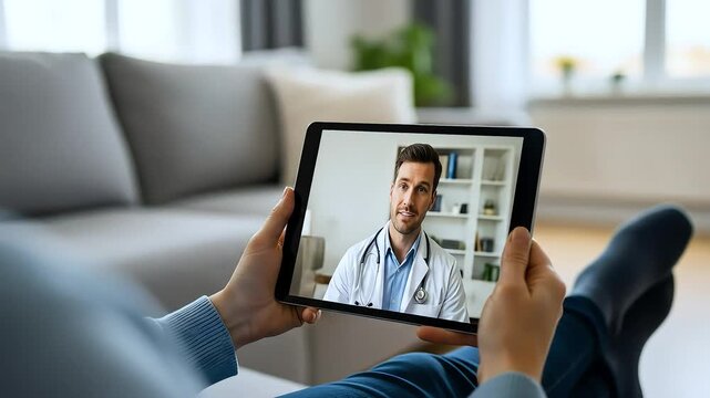 Telehealth consultation with doctor on tablet - Powered by Adobe