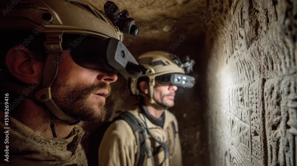 Poster scientists using infrared goggles for mapping unexplored regions