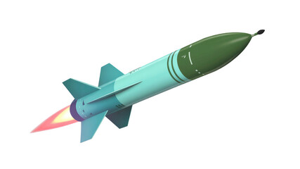 3D Render of a Teal and Green Missile Launching with a Fiery Trail