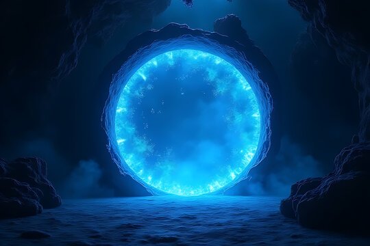 Glowing blue portal in a dark cave with rough rock formations and a bright energy field in the center