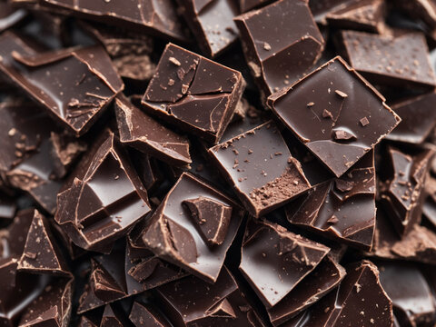 Close-up background of roughly chopped dark chocolate pieces. Texture of broken dessert chunks for baking or confectionery. - Powered by Adobe
