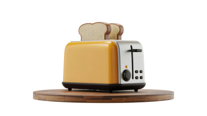Yellow Toaster with Toasting Bread on Wooden Board - 3D Render