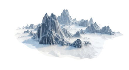 Fototapeta premium Mountain range with rocky cliffs and clouds in a serene landscape setting, transparent background, cutout PNG