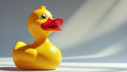 Yellow rubber duck with a red beak, bright yellow body, and wide eyes. Classic bath toy.