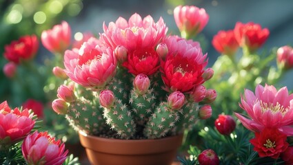 Colorful cactus plant with pink flowers in a terracotta pot.