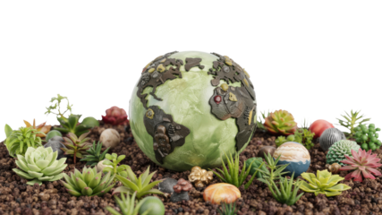 Miniature Earth Globe Surrounded by Succulents and Decorative Stones