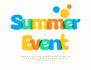 Fototapeta premium Vector Watercolor Card Summer Event. Bright Colorful Font. Cartoon style Alphabet Letters and Numbers set