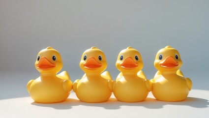 Four yellow rubber ducks with orange beaks lined up on a white surface against a plain background.